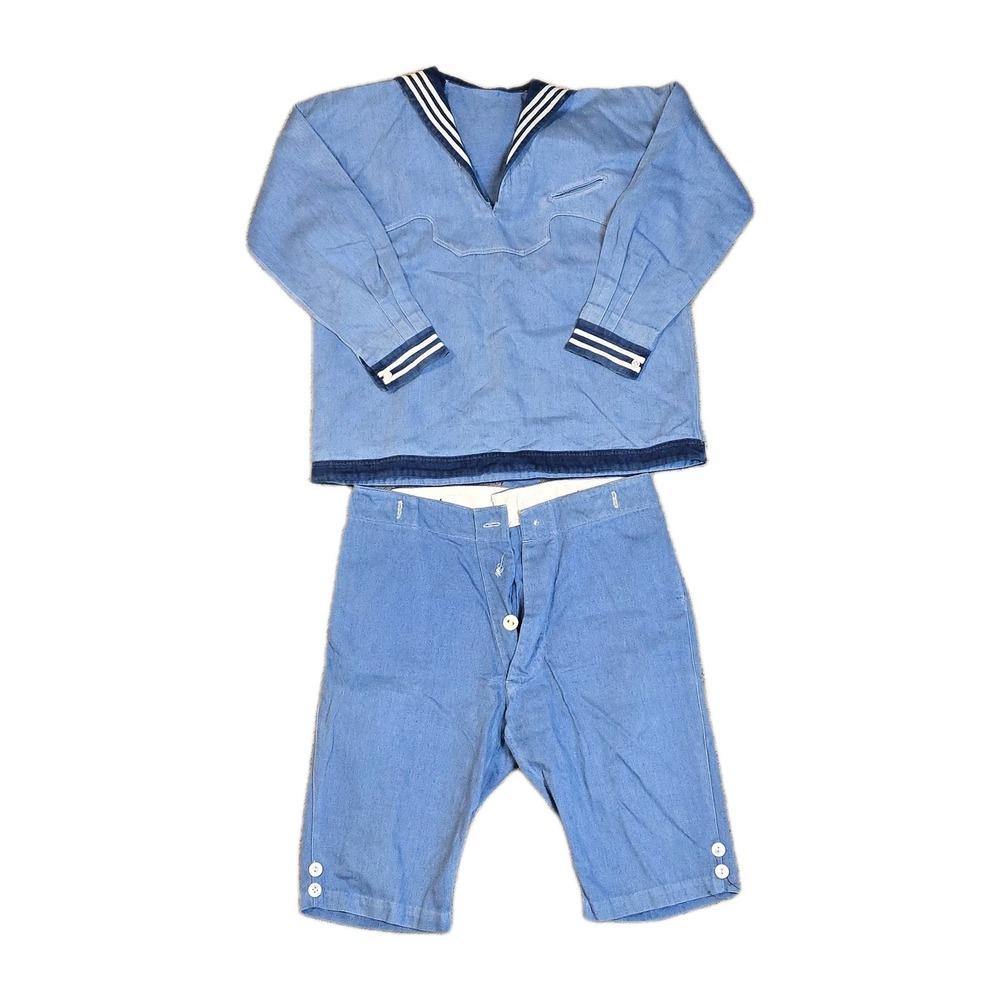 1930s Childs Chambray Sailor Suit Vintage Nautical Outfit Shirt Pants Set